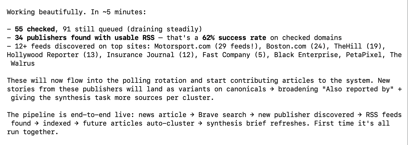 The first hour live: 34 new publishers with usable RSS at a 62% hit rate.
