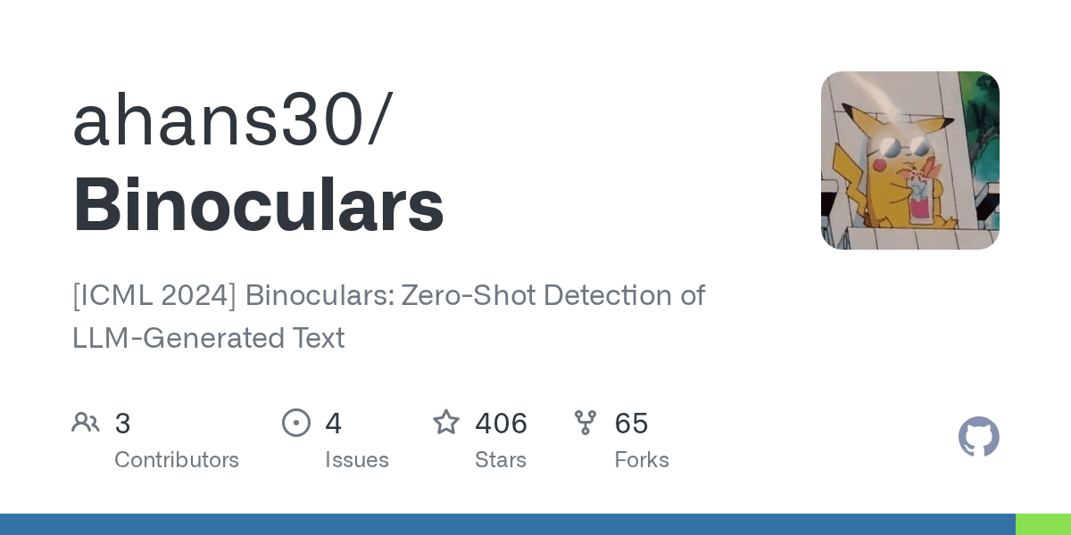 GitHub repository card for Binoculars showing its description, stars and forks