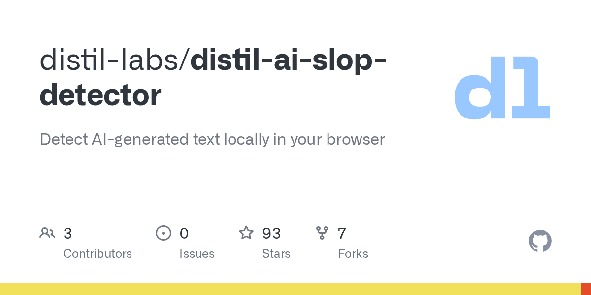 GitHub repository card for distil-ai-slop-detector showing its description, stars and forks
