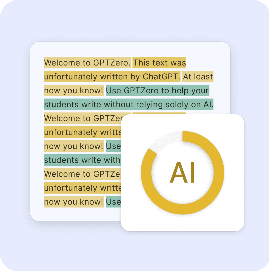 GPTZero highlighting individual sentences in yellow and green next to a dial marked AI