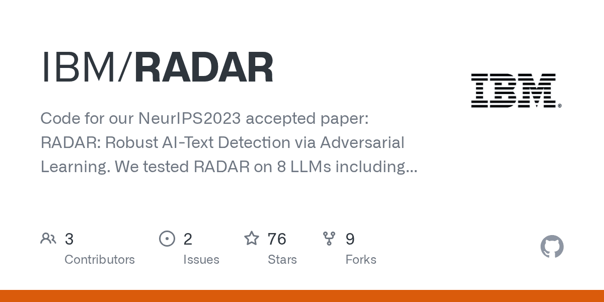 GitHub repository card for IBM RADAR showing its description, stars and forks