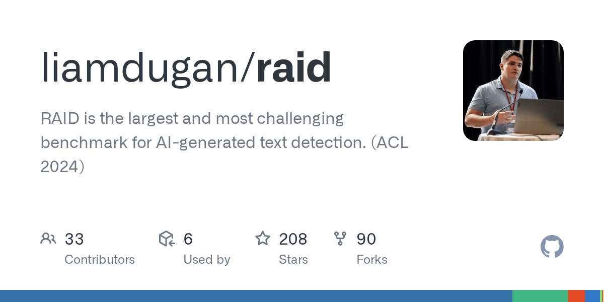 GitHub repository card for the RAID benchmark showing its description, stars and forks