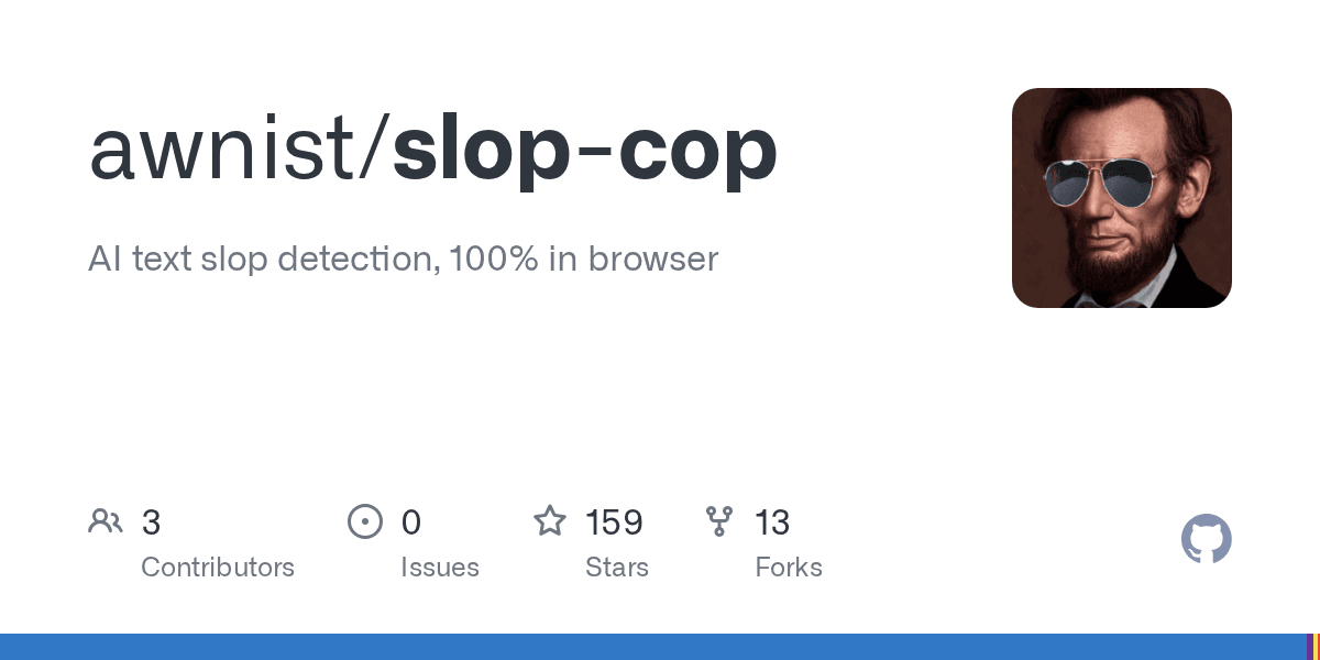 GitHub repository card for slop-cop showing its description, stars and forks
